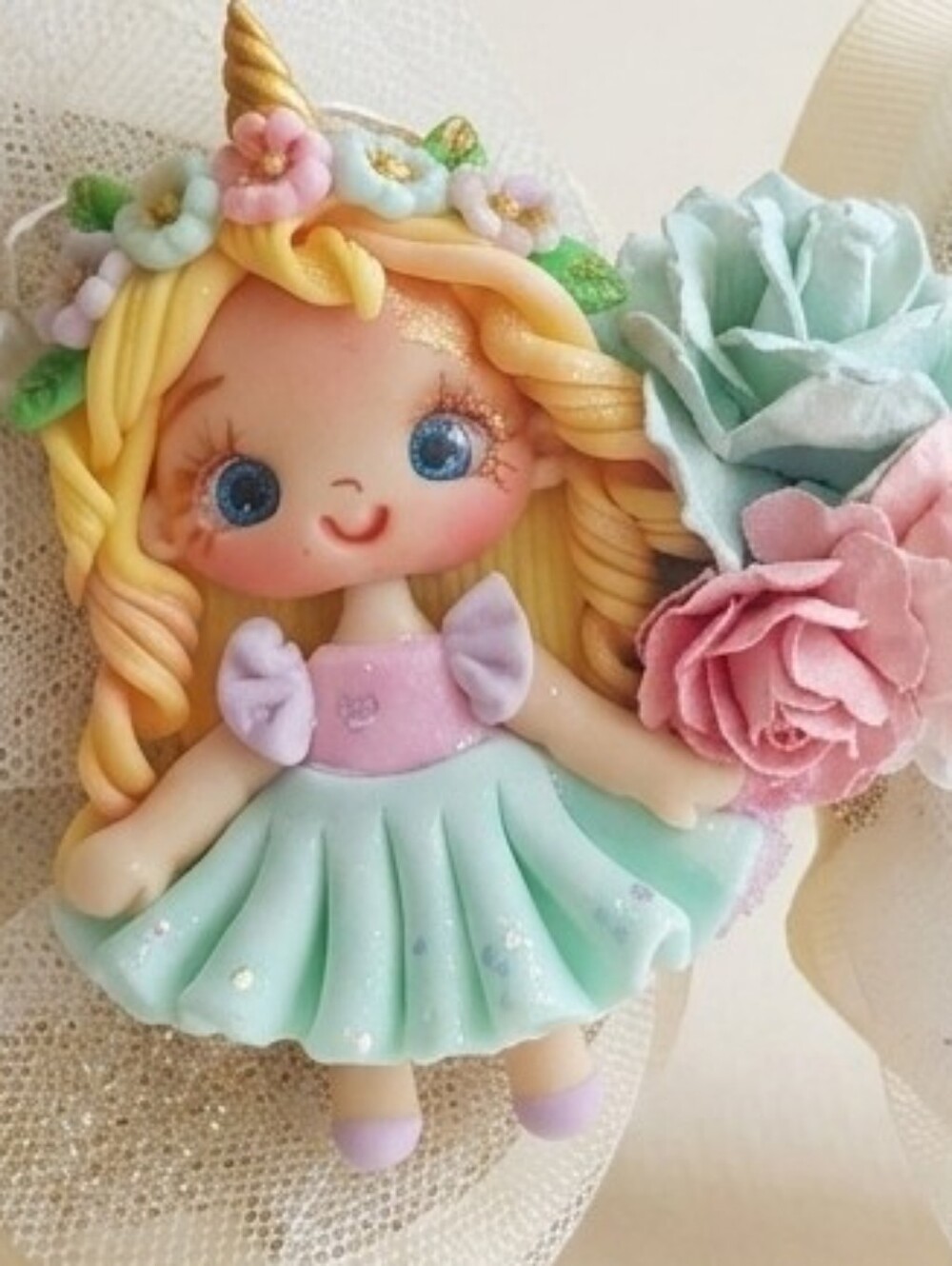 Handmade Cream Tulle Unicorn Doll Bow Hair Clip with Pastel Accents🎀✨ - Picture 5 of 7